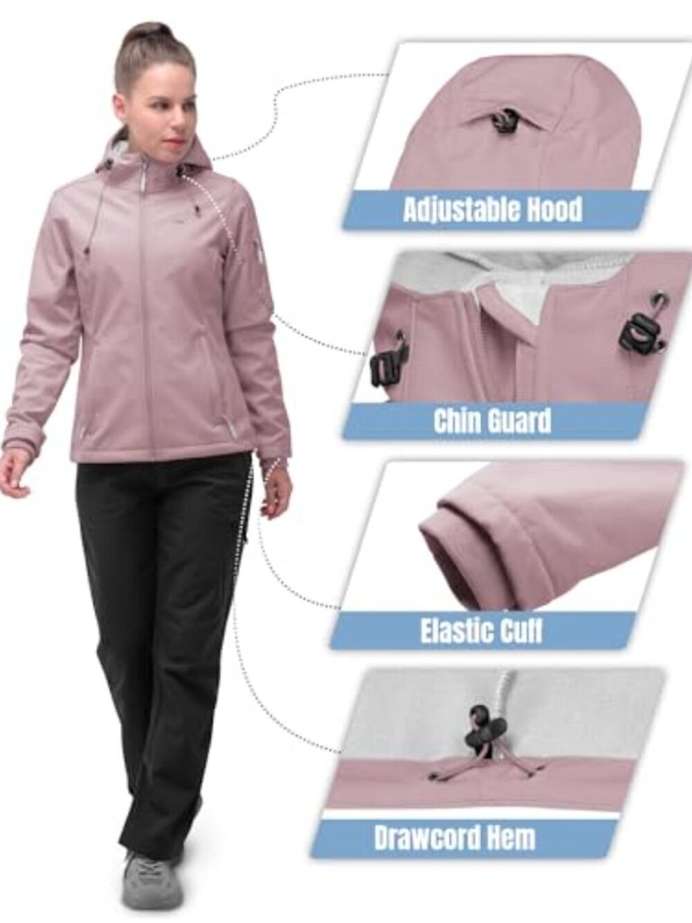 🆕 Women's Softshell Jacket, Fleece Lined Warm Jacket Light Hooded Windproof - Picture 6 of 7